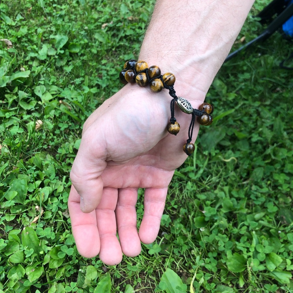 Men's Double Layer Tiger Eye Adjustable Bracelet - Macrame Knotted - Picture 9 of 17